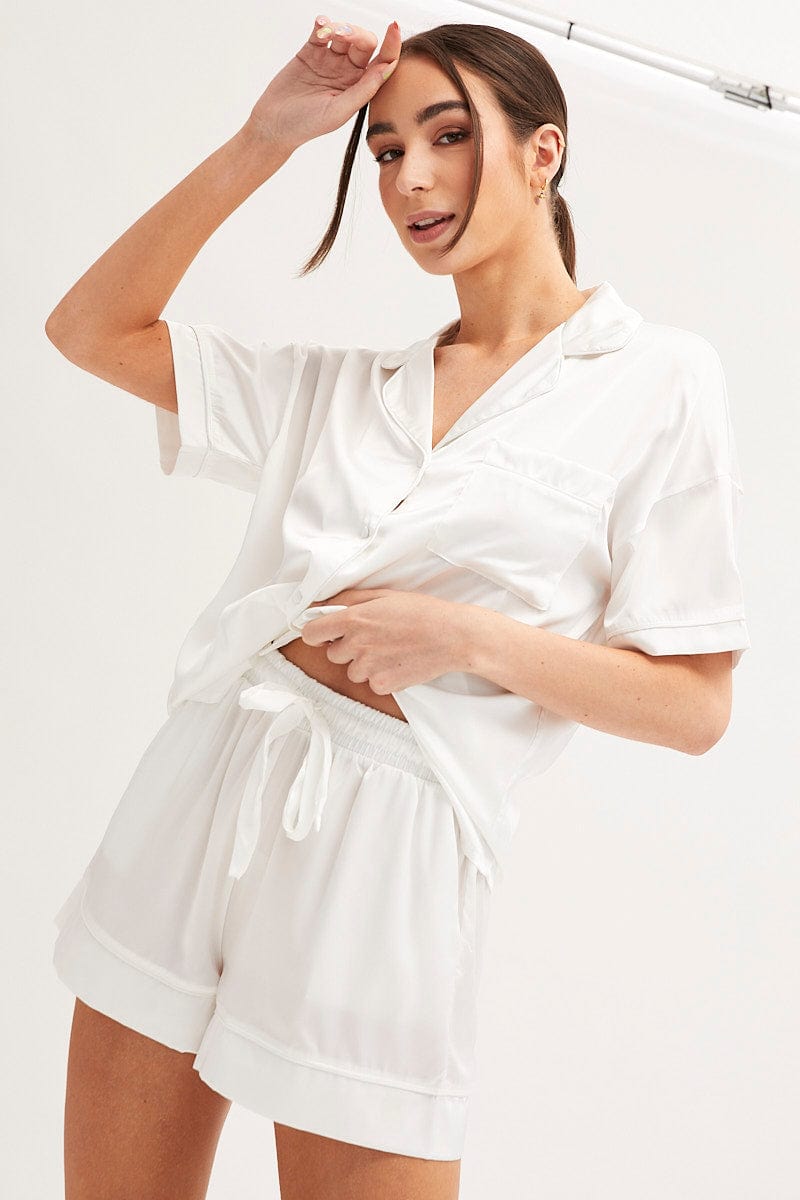 SATIN SET White Satin Short Sleeve Top & Short Pj Set for Women by Ally