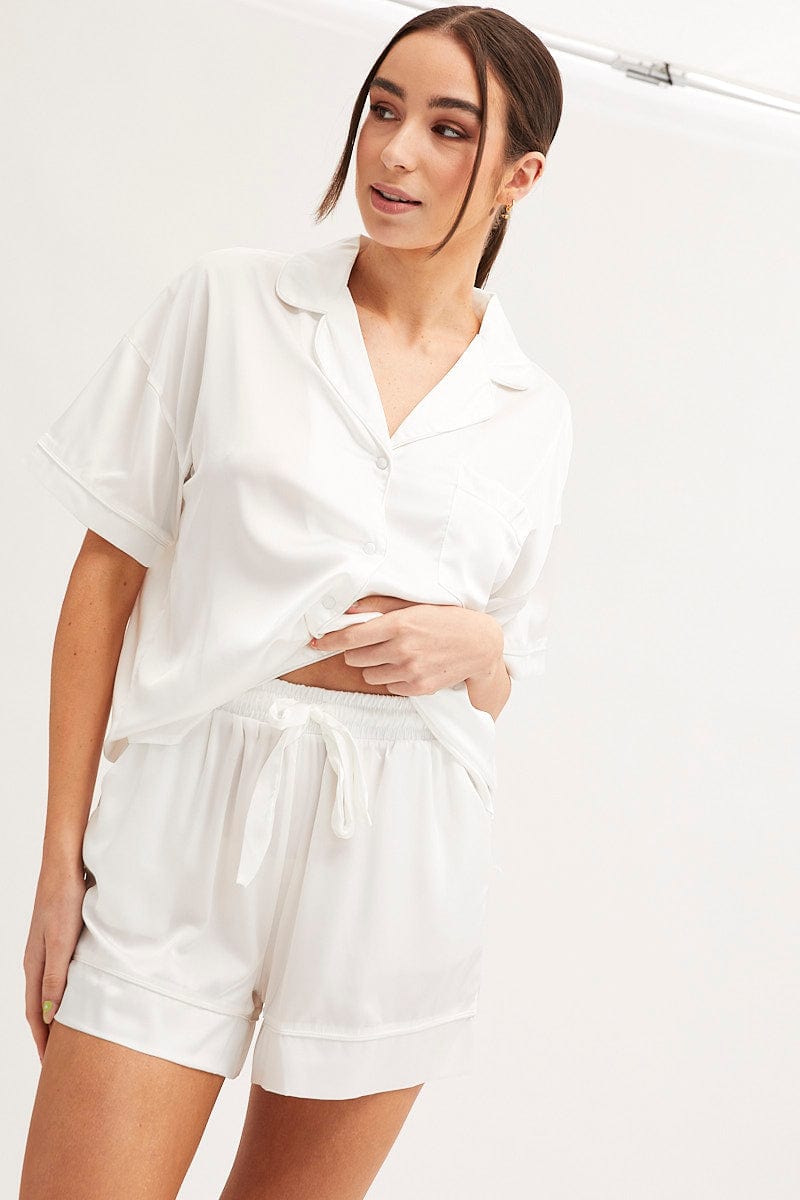 SATIN SET White Satin Short Sleeve Top & Short Pj Set for Women by Ally