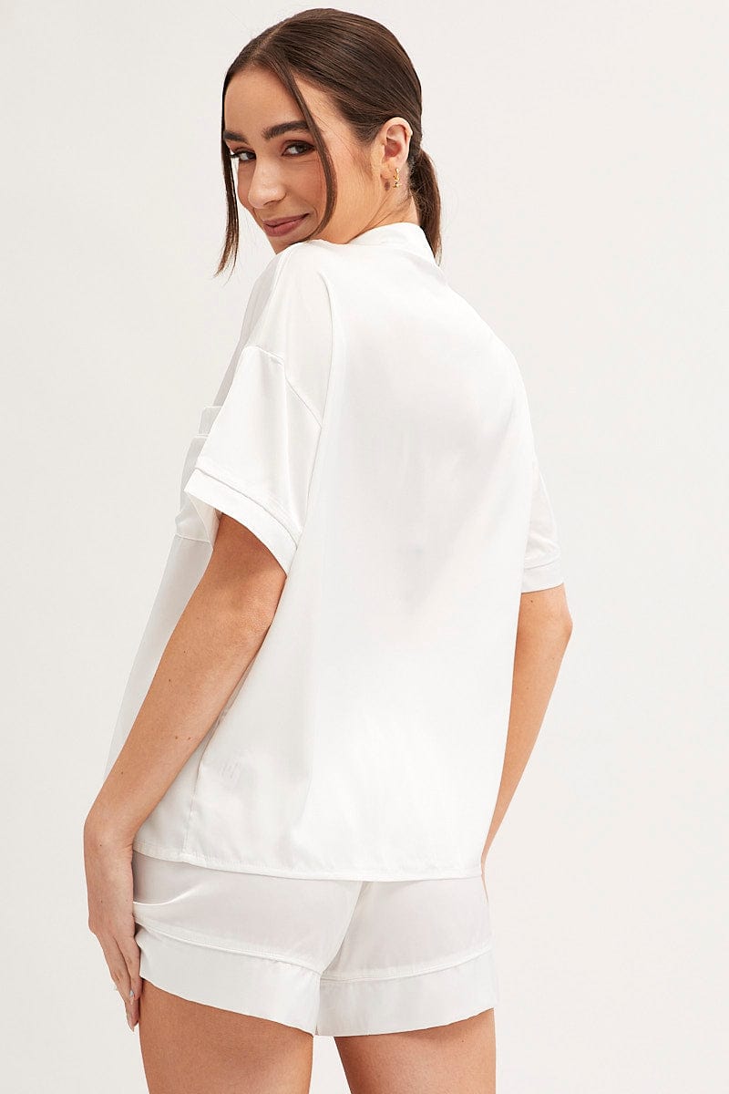 SATIN SET White Satin Short Sleeve Top & Short Pj Set for Women by Ally