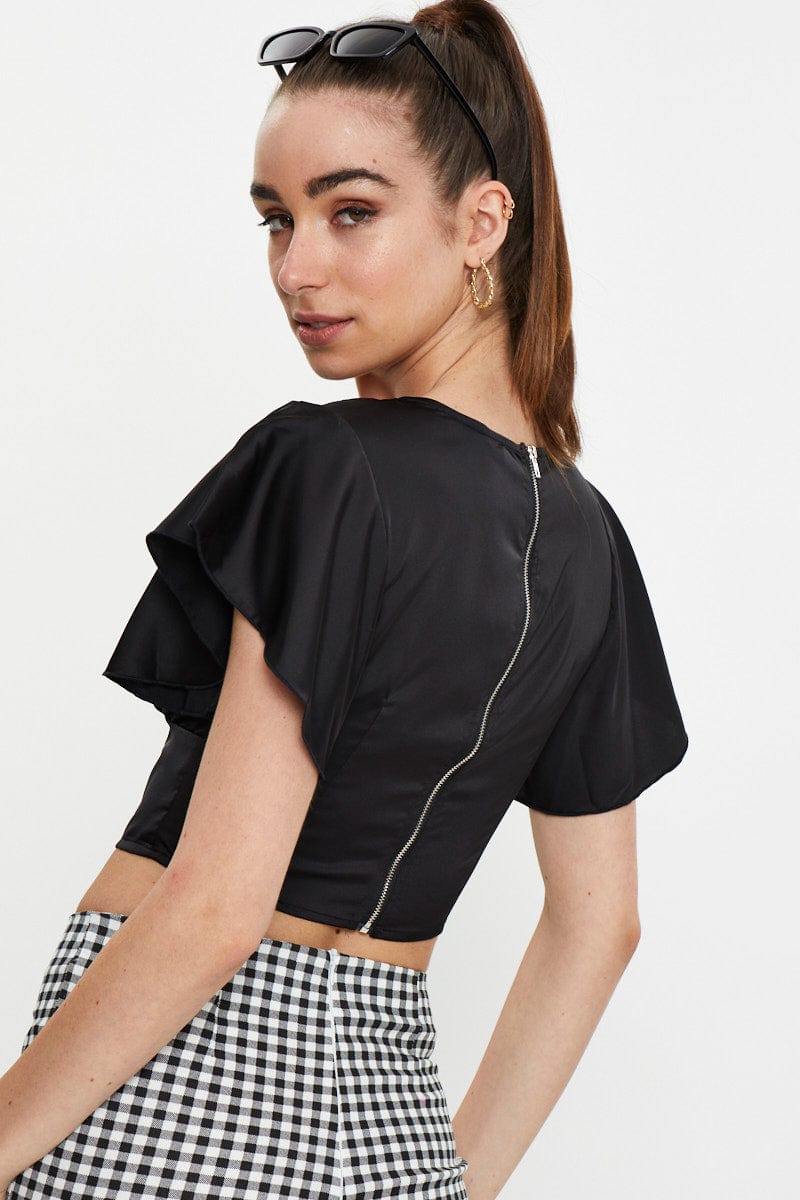 SEMI CROP Black Button Front Satin Crop Top for Women by Ally