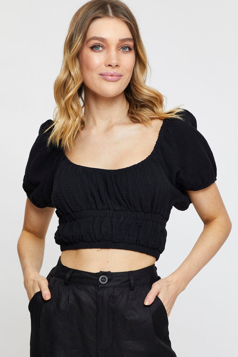SEMI CROP Black Crop Top Short Sleeve Gathered Bust for Women by Ally