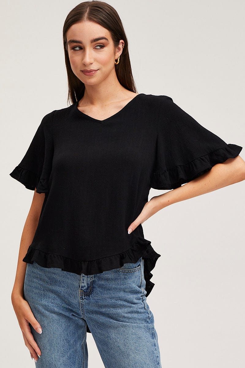 SEMI CROP Black Frill Top Short Sleeve V-Neck for Women by Ally