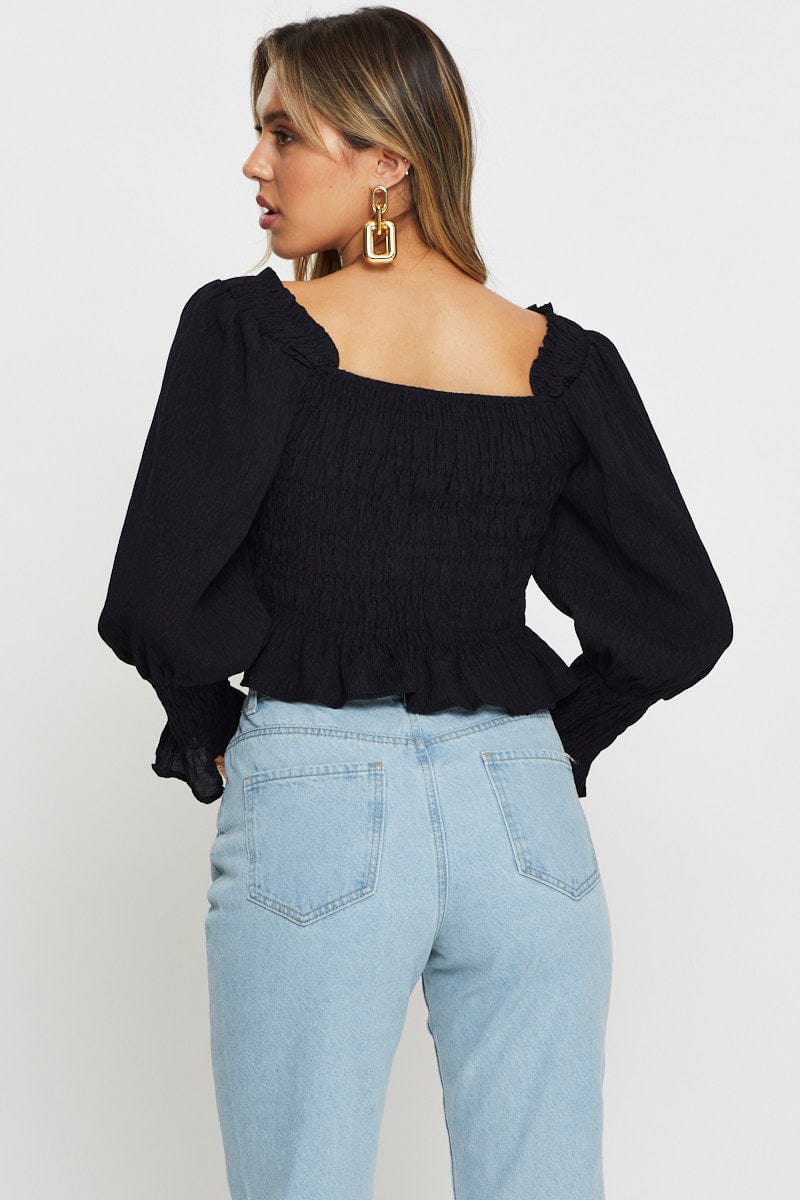 SEMI CROP Black Peasant Blouse Long Sleeve Crop for Women by Ally