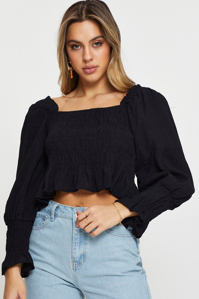 SEMI CROP Black Peasant Blouse Long Sleeve Crop for Women by Ally