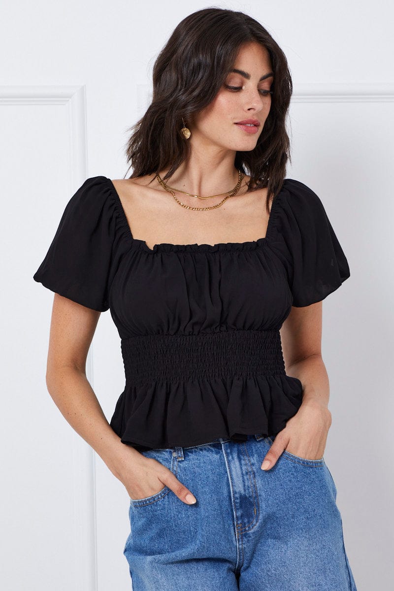 SEMI CROP Black Top Short Sleeve Square Neck for Women by Ally