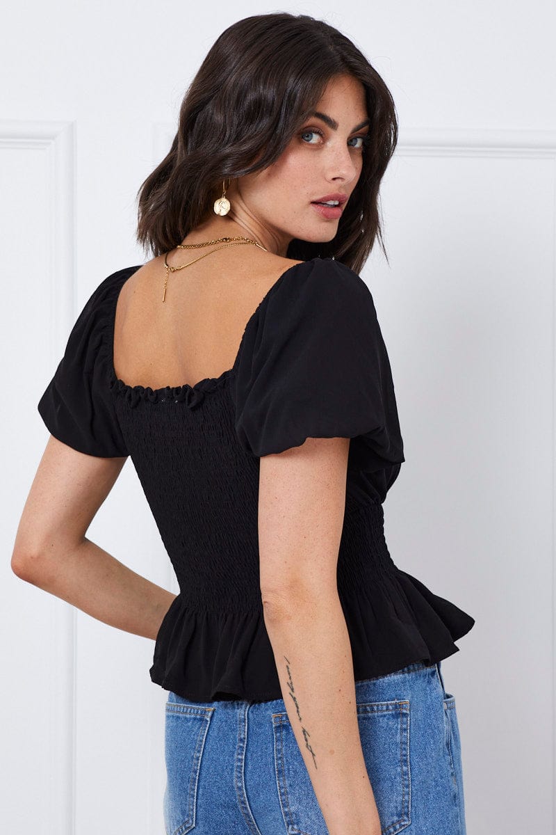 SEMI CROP Black Top Short Sleeve Square Neck for Women by Ally