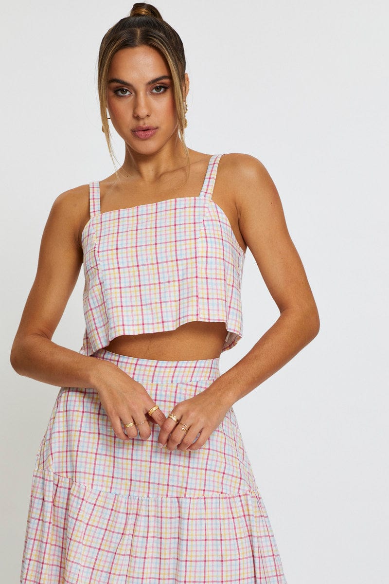 SEMI CROP Blue Check Singlet Top Square Neck Linen for Women by Ally
