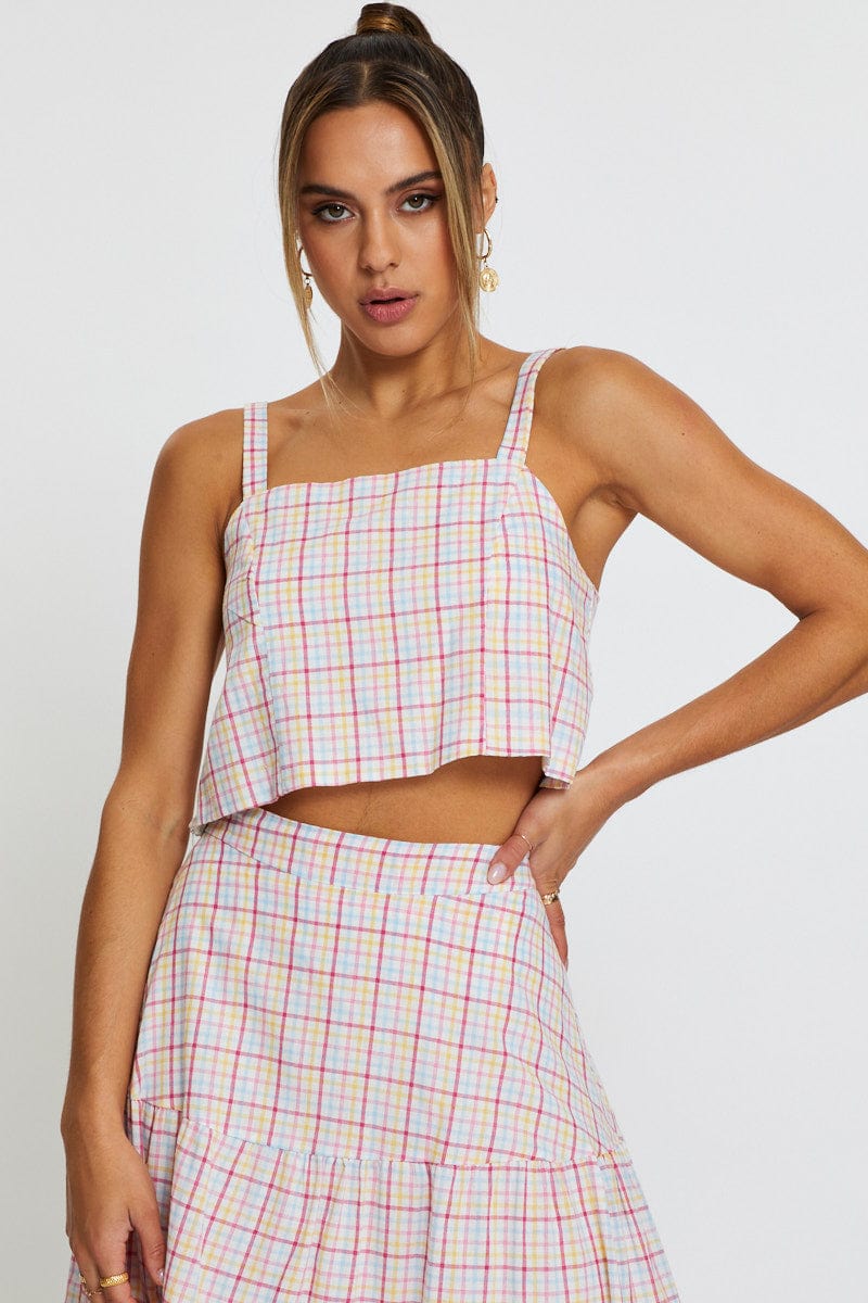 SEMI CROP Blue Check Singlet Top Square Neck Linen for Women by Ally