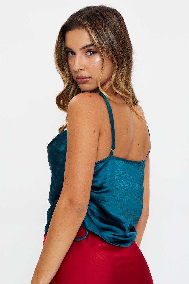 SEMI CROP Blue Cowl Neck Ruched Cami Top for Women by Ally