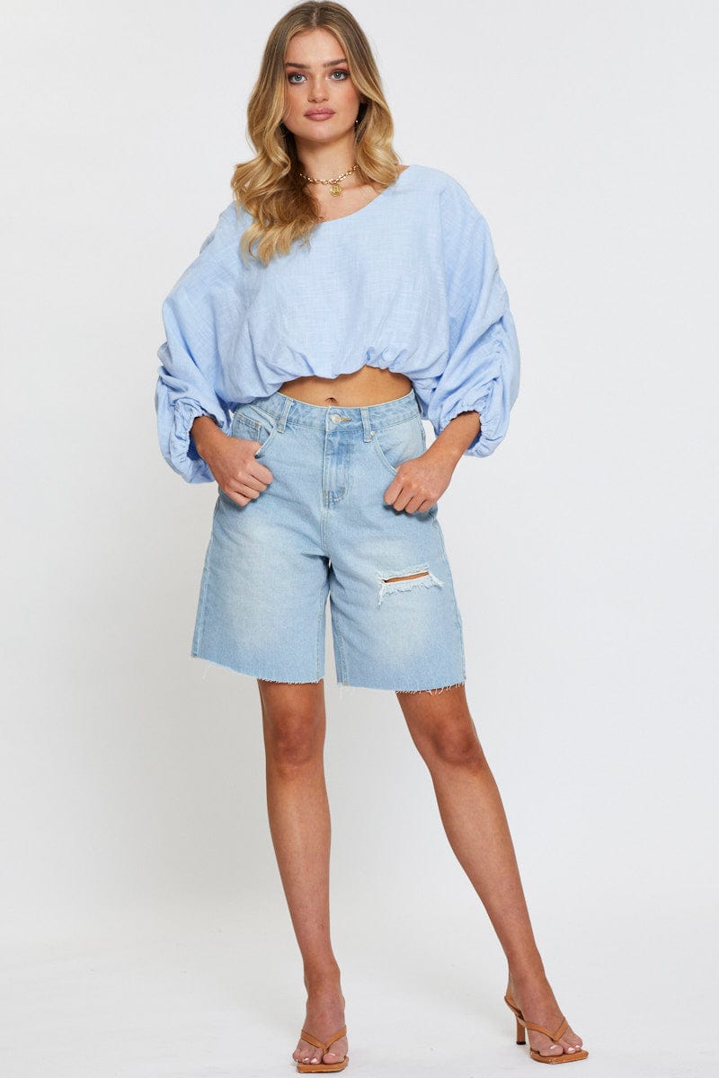 SEMI CROP Blue Crop Shirts Long Sleeve Off Shoulder for Women by Ally