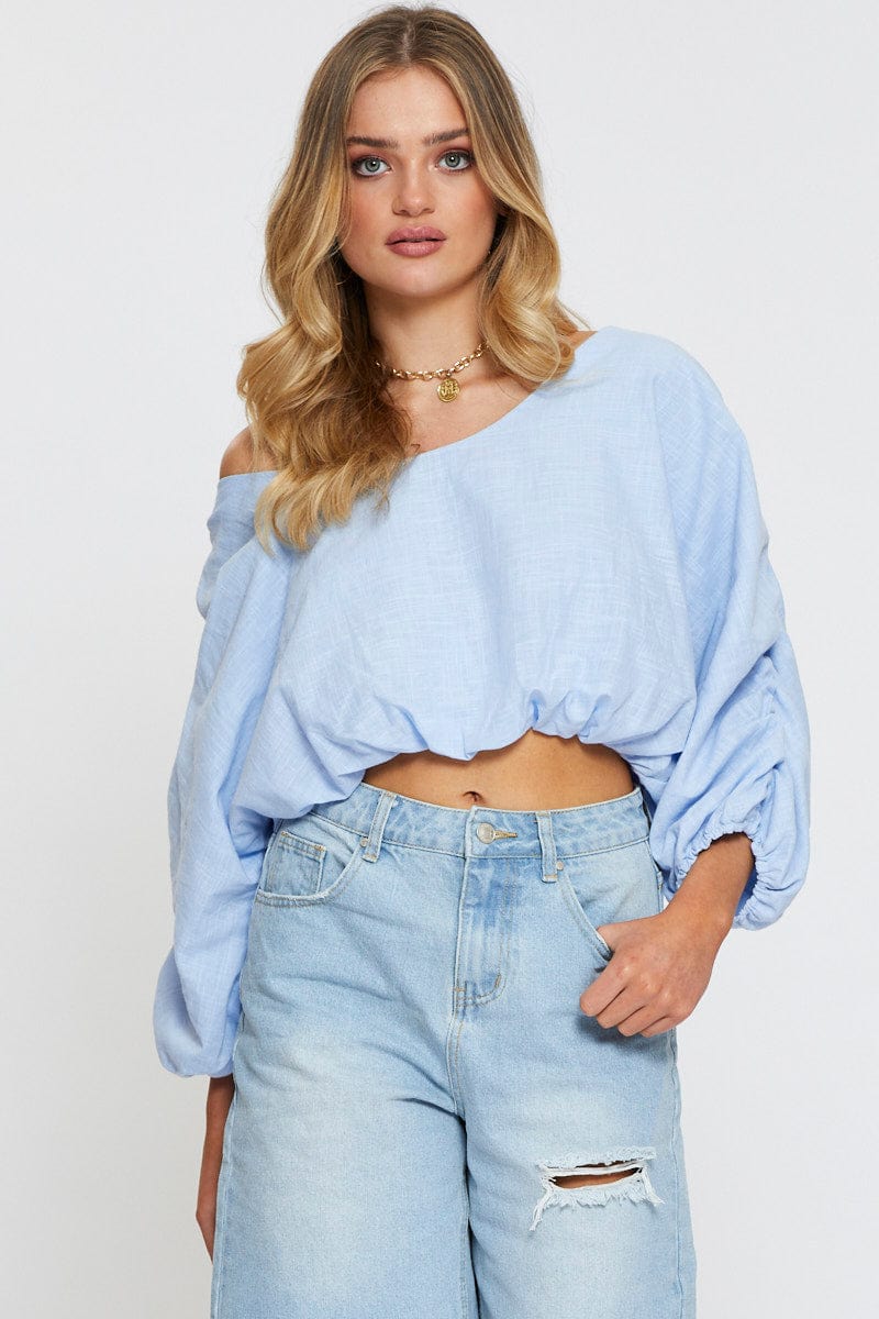 SEMI CROP Blue Crop Shirts Long Sleeve Off Shoulder for Women by Ally