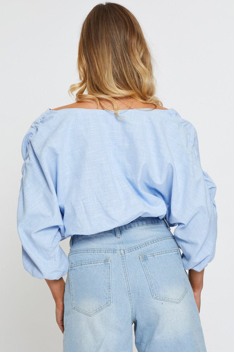 SEMI CROP Blue Crop Shirts Long Sleeve Off Shoulder for Women by Ally