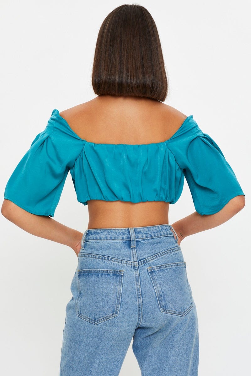 SEMI CROP Blue Crop Top Short Sleeve Satin for Women by Ally