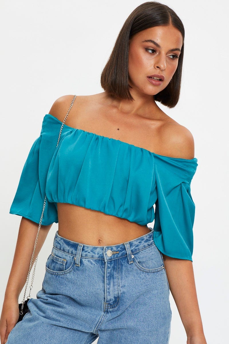 SEMI CROP Blue Crop Top Short Sleeve Satin for Women by Ally