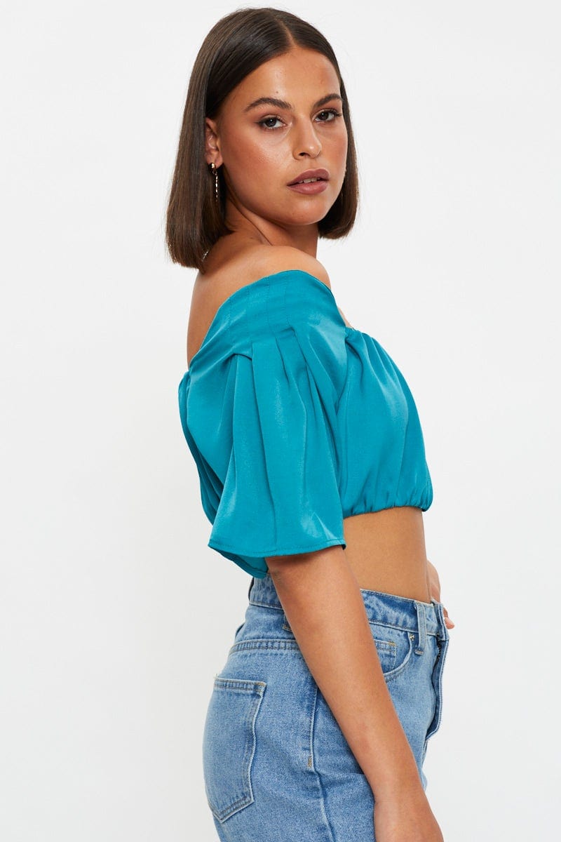 SEMI CROP Blue Crop Top Short Sleeve Satin for Women by Ally