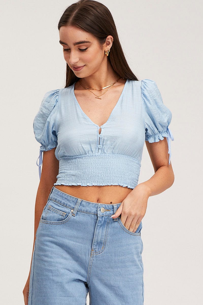 SEMI CROP Blue Crop Top Short Sleeve Square Neck for Women by Ally