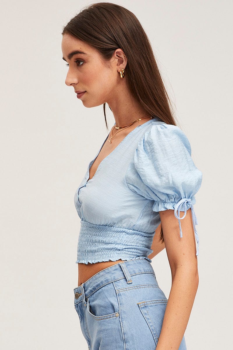 SEMI CROP Blue Crop Top Short Sleeve Square Neck for Women by Ally