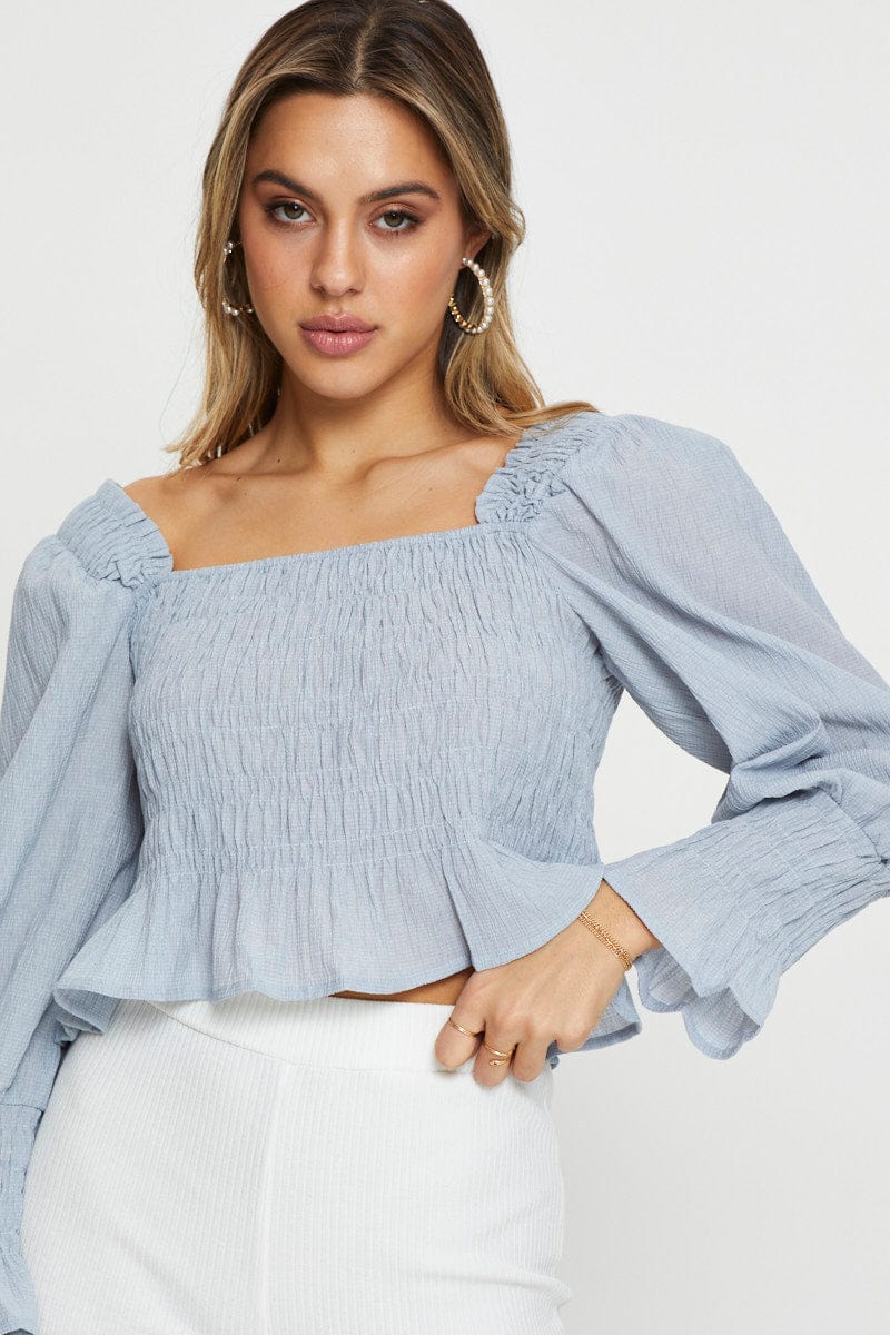 Women’s Blue Peasant Blouse Long Sleeve Crop | Ally Fashion