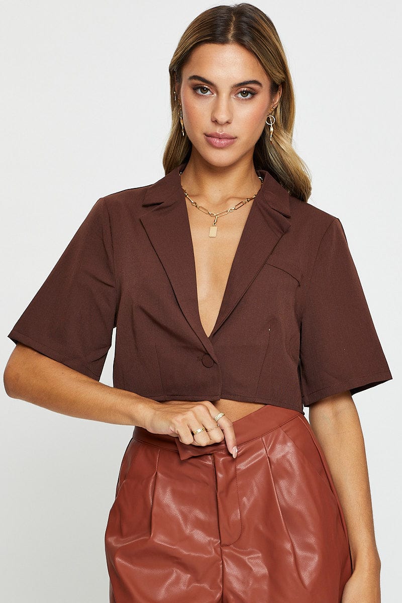 SEMI CROP Brown Crop Shirts Short Sleeve Collared for Women by Ally