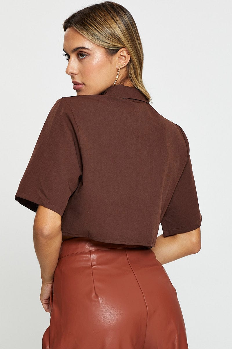 SEMI CROP Brown Crop Shirts Short Sleeve Collared for Women by Ally
