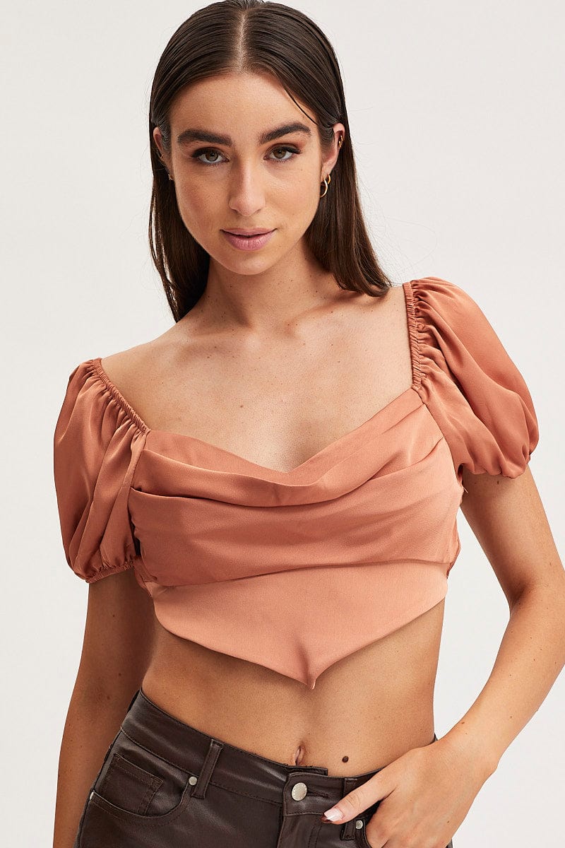 SEMI CROP Brown Scarf Top Short Sleeve Crop for Women by Ally