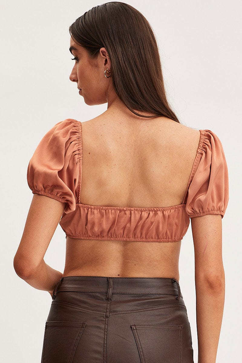 SEMI CROP Brown Scarf Top Short Sleeve Crop for Women by Ally