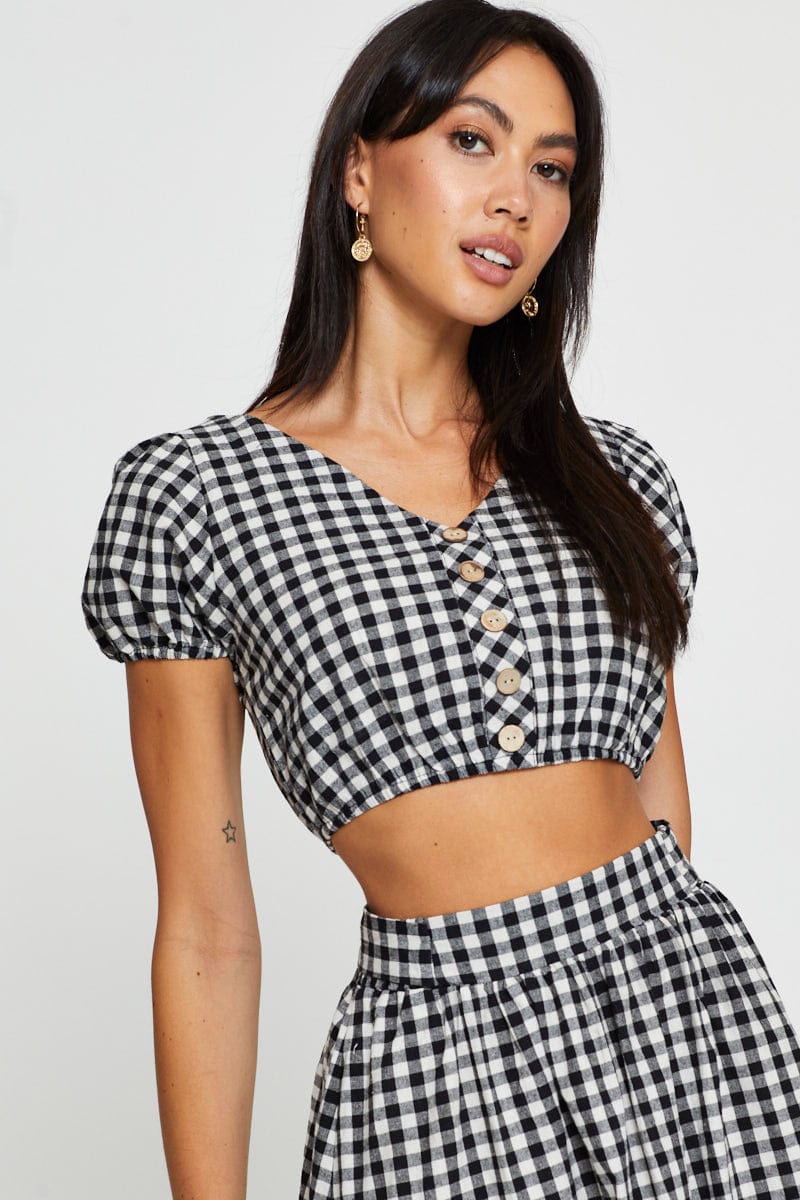 SEMI CROP Check Crop Top Short Sleeve for Women by Ally