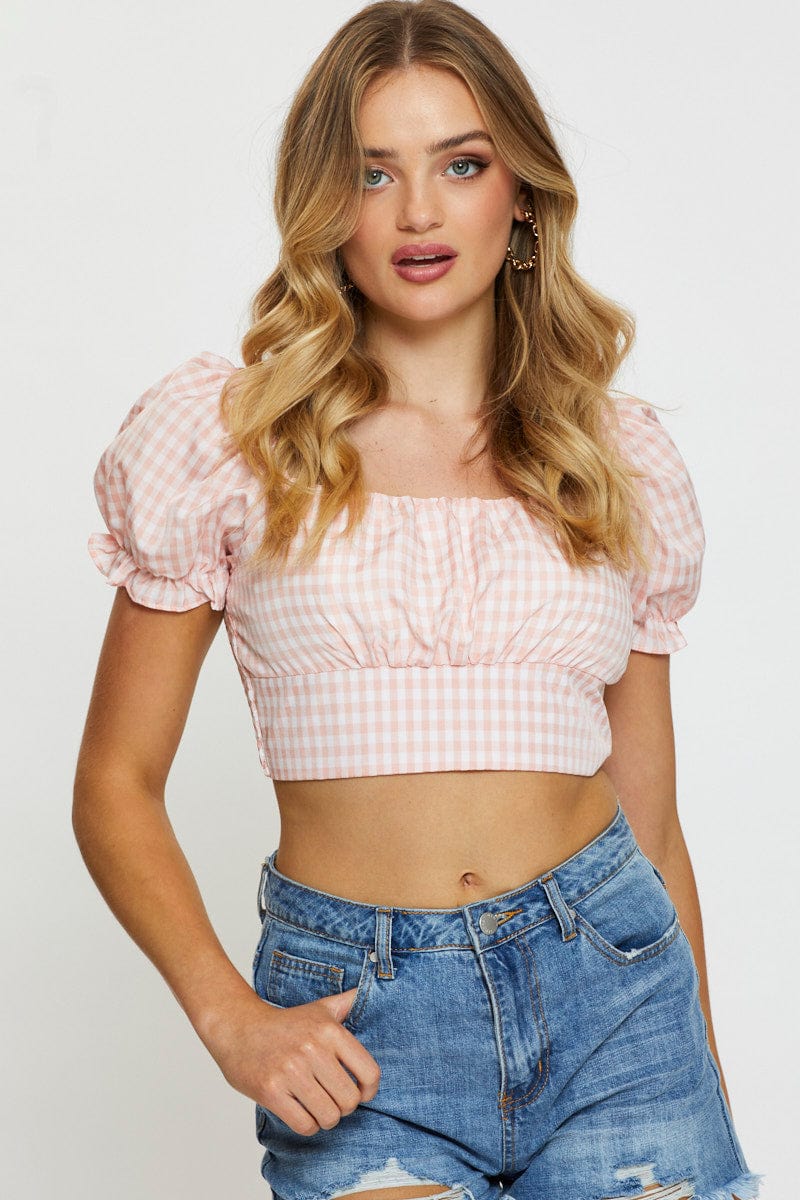 SEMI CROP Check Crop Top Short Sleeve for Women by Ally