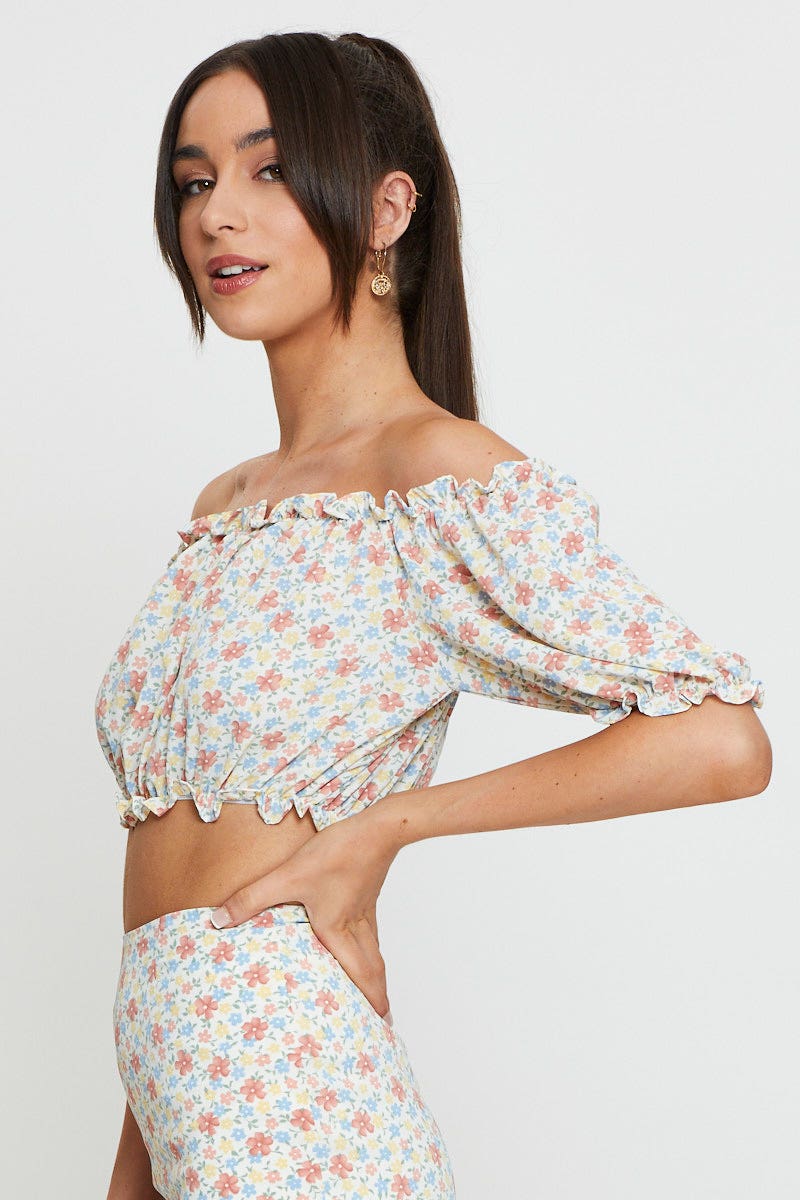 SEMI CROP Floral Print Crop Blouse Off Shoulder for Women by Ally