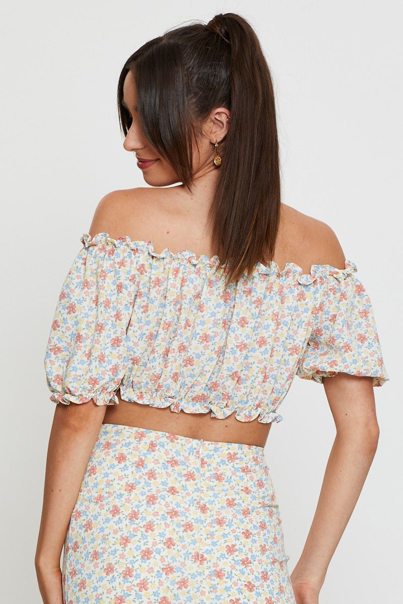 SEMI CROP Floral Print Crop Blouse Off Shoulder for Women by Ally