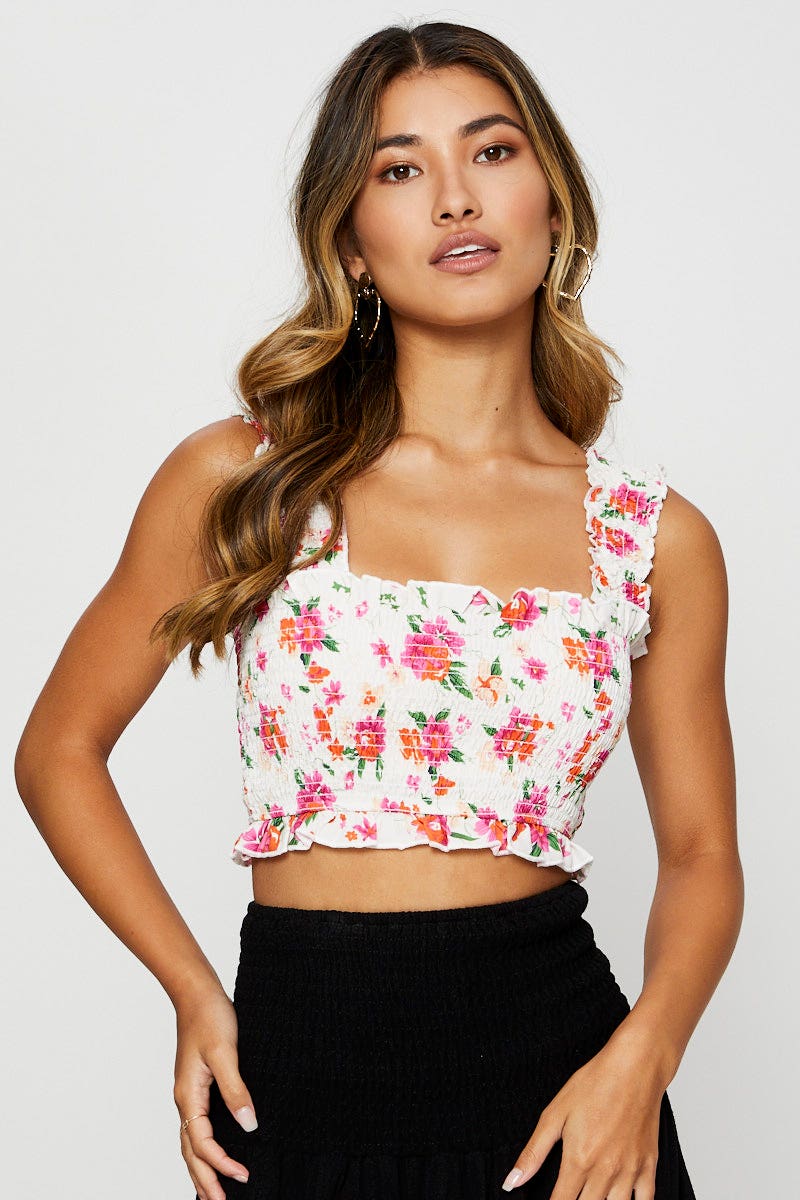 SEMI CROP Floral Print Crop Top Sleeveless Square Neck for Women by Ally