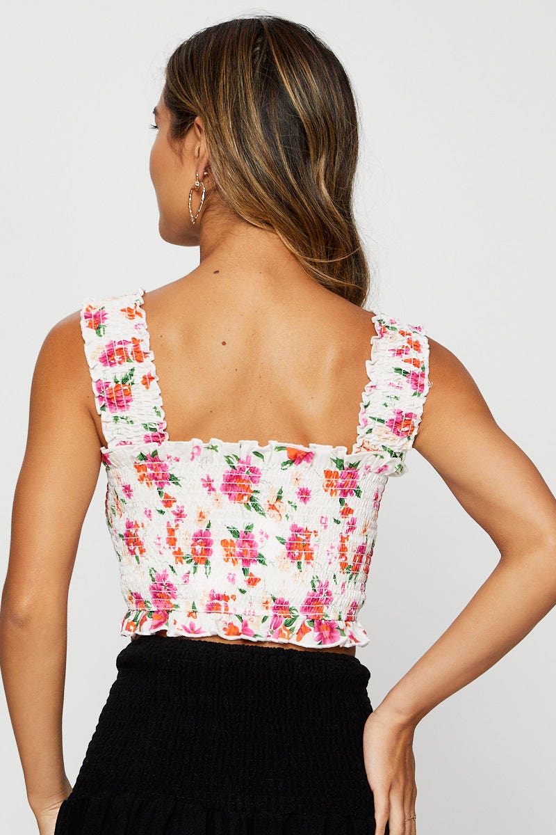 SEMI CROP Floral Print Crop Top Sleeveless Square Neck for Women by Ally