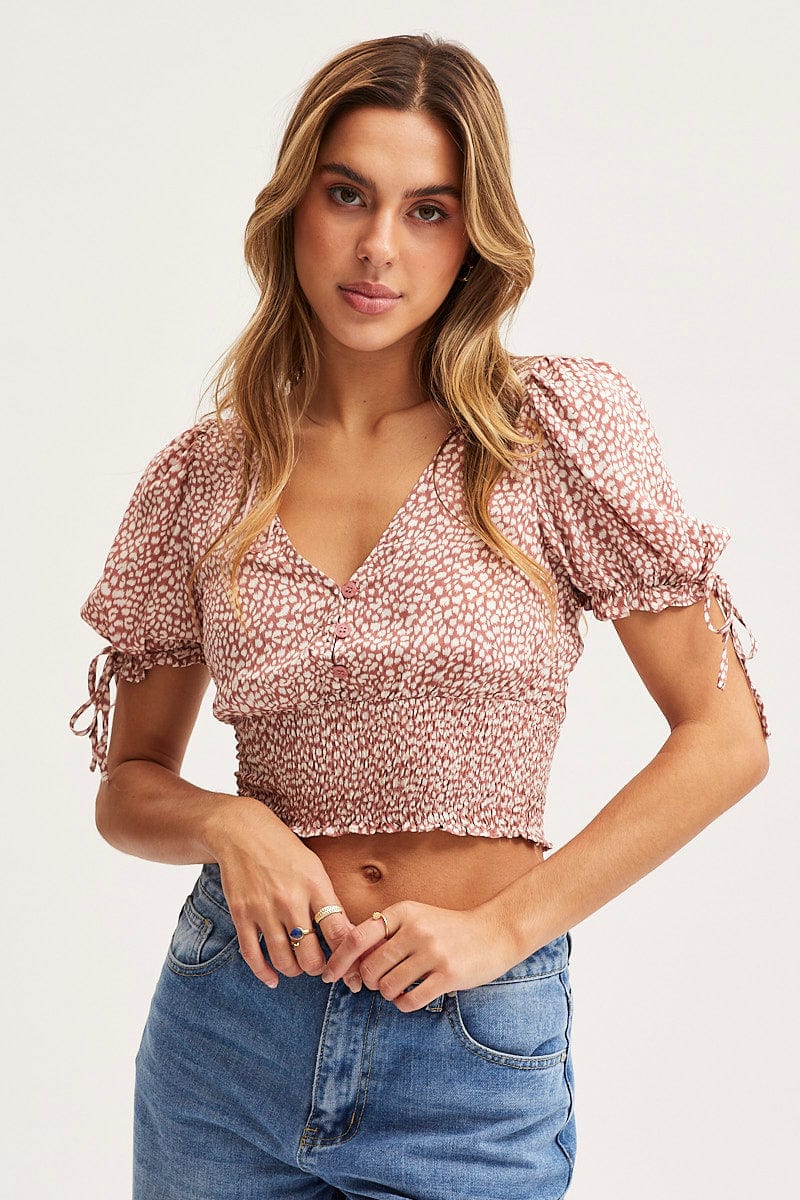 SEMI CROP Geo Print Crop Top Short Sleeve Square Neck for Women by Ally