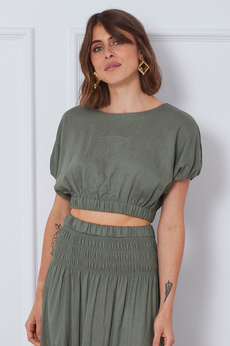 SEMI CROP Green Crop Top Short Sleeve Round Neck Linen for Women by Ally