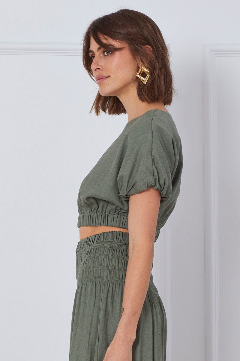 SEMI CROP Green Crop Top Short Sleeve Round Neck Linen for Women by Ally