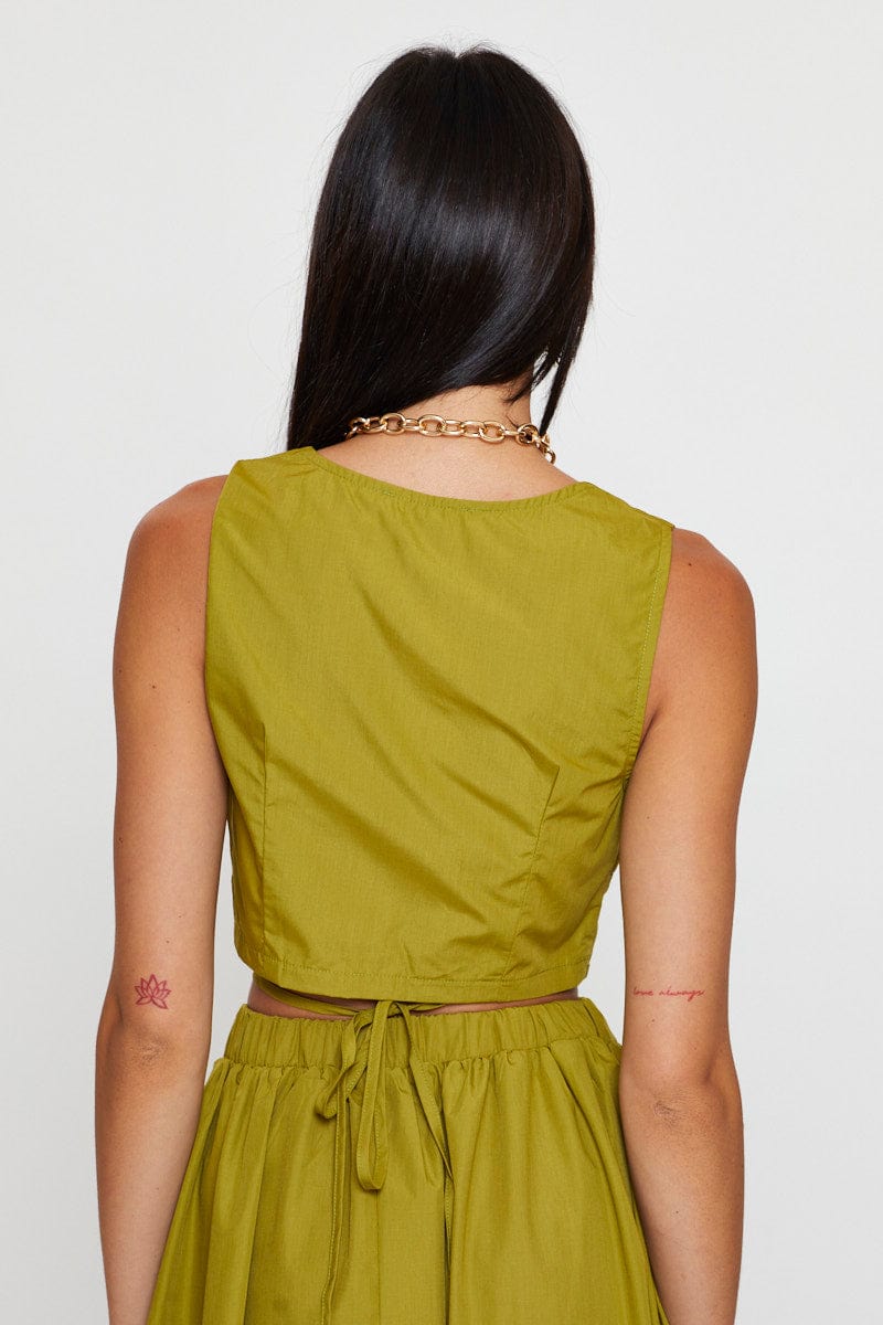 SEMI CROP Green Crop Top Sleeveless Gathered Bust for Women by Ally