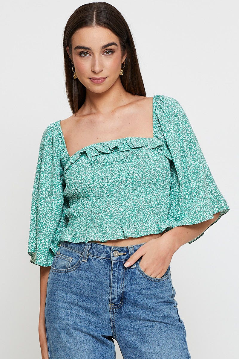 SEMI CROP Green Floral Print Crop Top Short Sleeve Crop Square Neck for Women by Ally