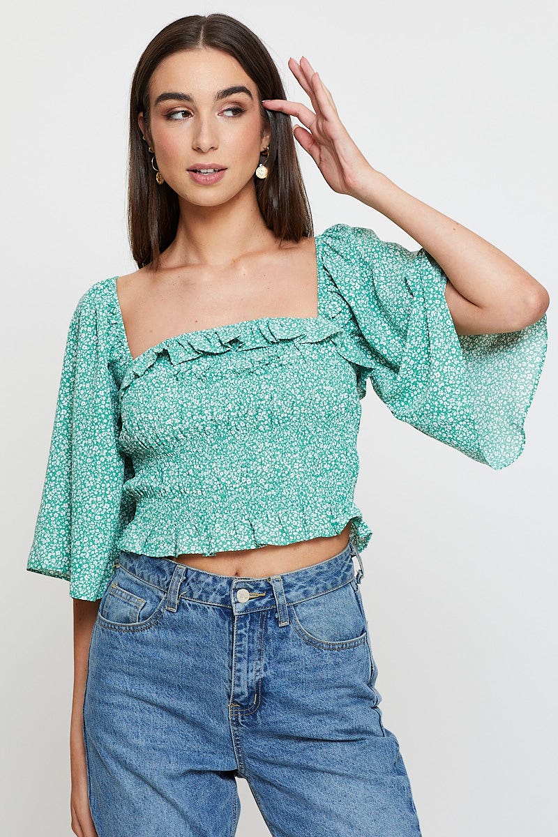 SEMI CROP Green Floral Print Crop Top Short Sleeve Crop Square Neck for Women by Ally