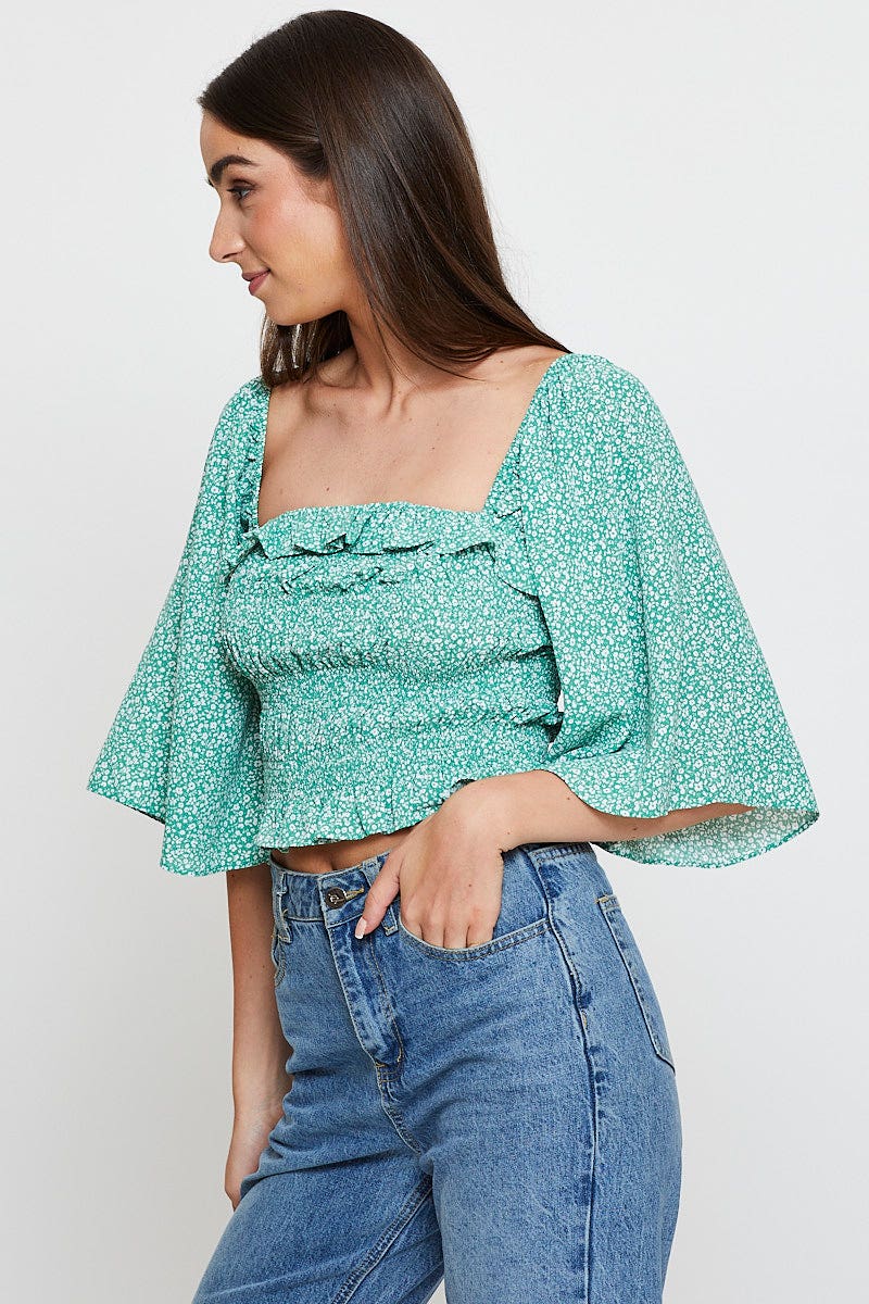 SEMI CROP Green Floral Print Crop Top Short Sleeve Crop Square Neck for Women by Ally