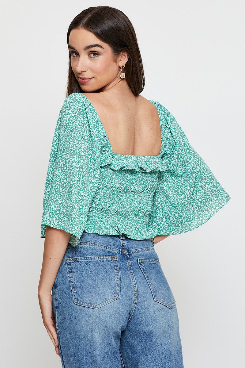 SEMI CROP Green Floral Print Crop Top Short Sleeve Crop Square Neck for Women by Ally