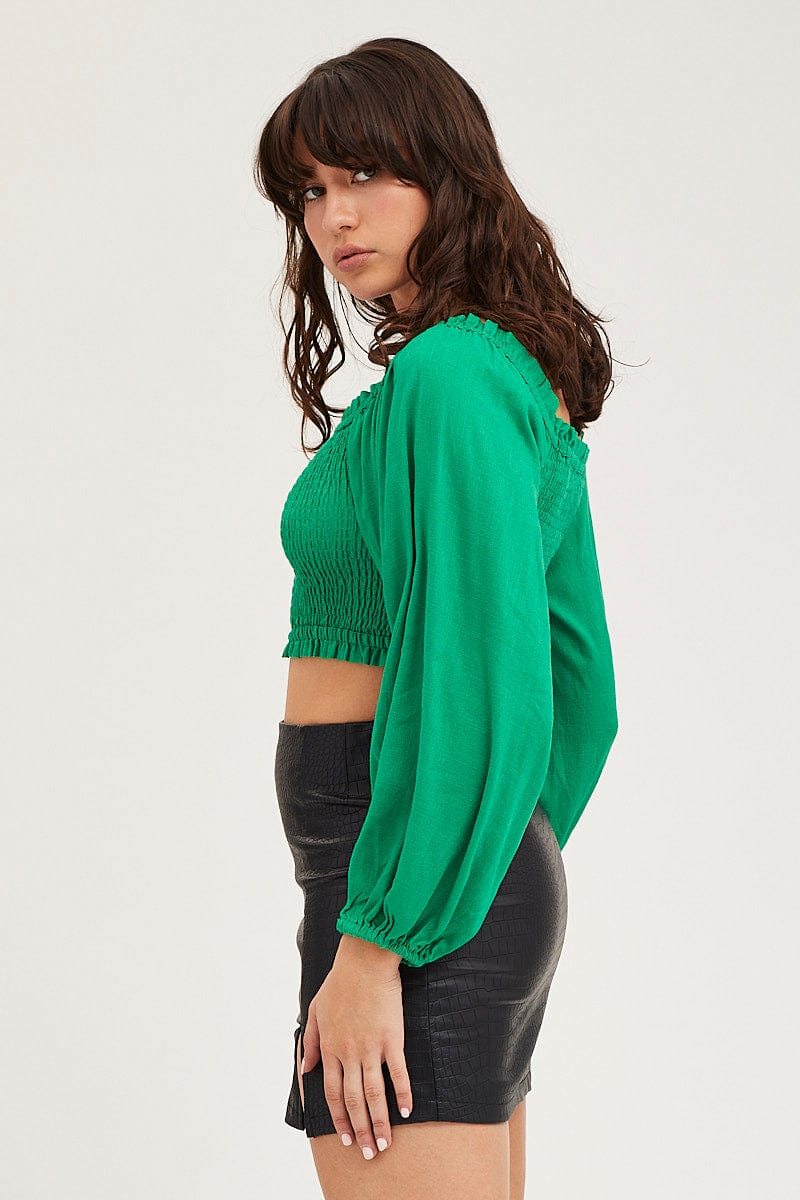 SEMI CROP Green Off Shoulder Smocking Volume Sleeve Top for Women by Ally