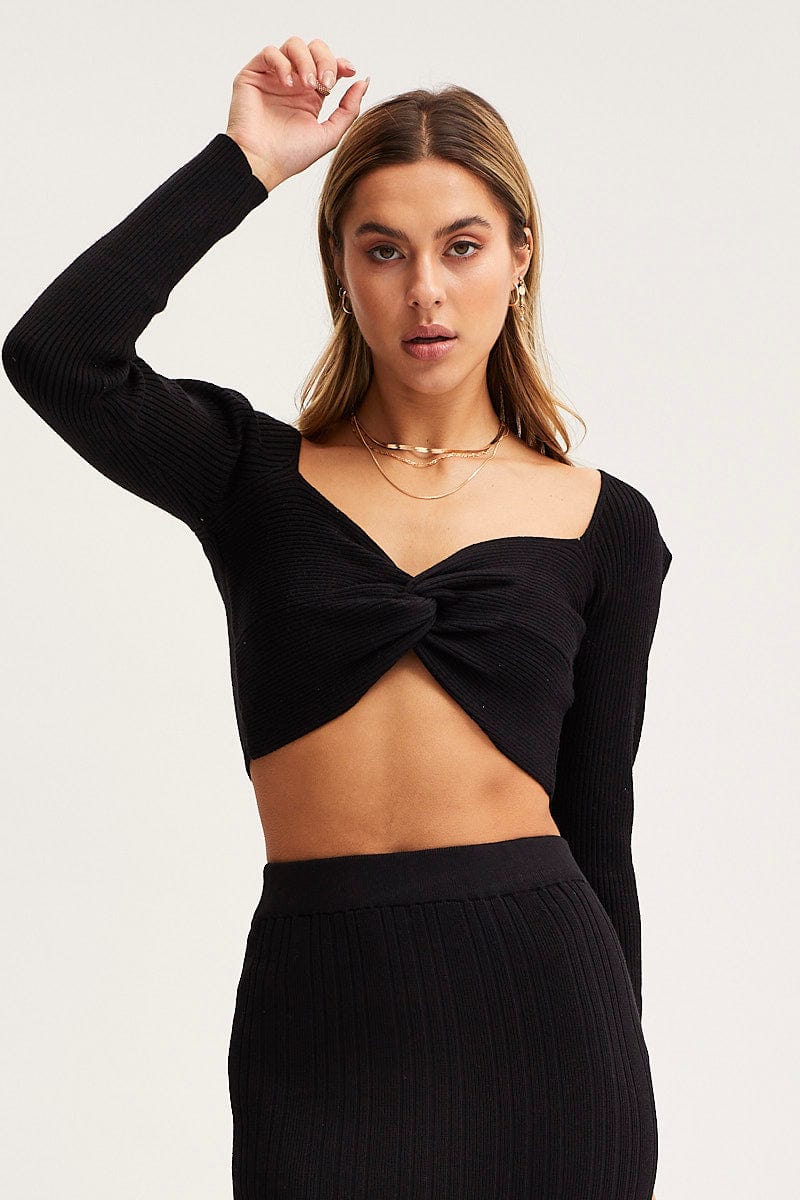 SEMI CROP KNITTED Black Knit Top Long Sleeve Crop Cross Over for Women by Ally