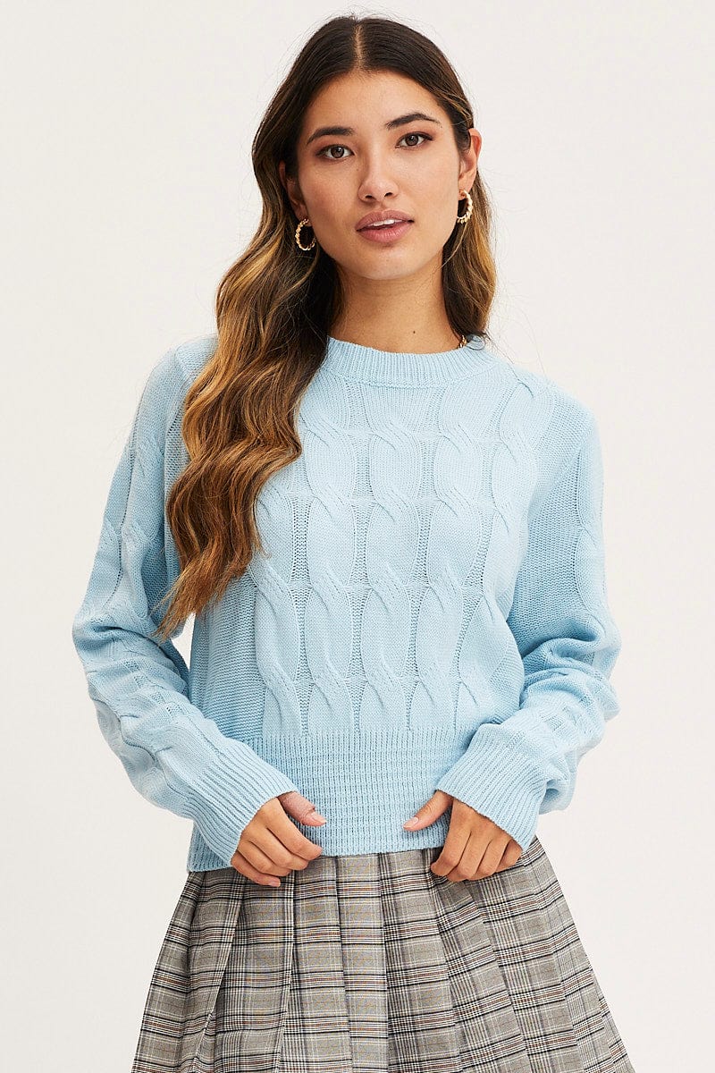 SEMI CROP KNITTED Blue Knit Top Long Sleeve Cable for Women by Ally