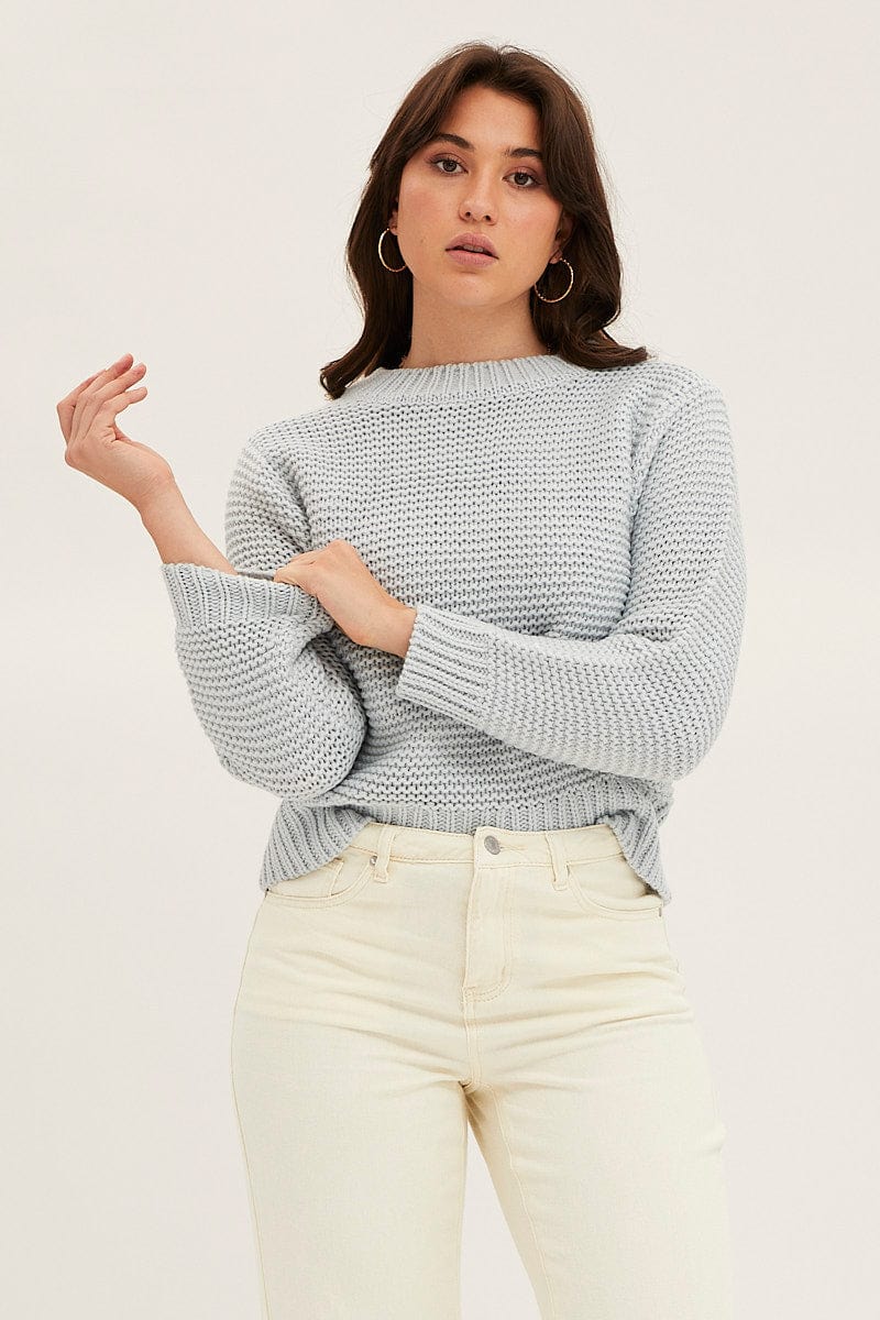 SEMI CROP KNITTED Blue Knit Top Long Sleeve Relaxed Round Neck for Women by Ally