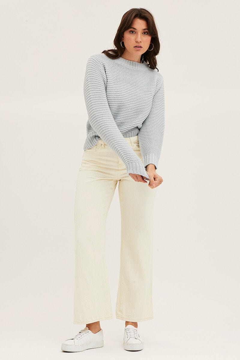 SEMI CROP KNITTED Blue Knit Top Long Sleeve Relaxed Round Neck for Women by Ally