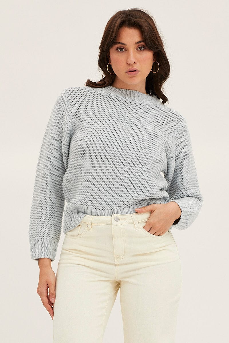 SEMI CROP KNITTED Blue Knit Top Long Sleeve Relaxed Round Neck for Women by Ally