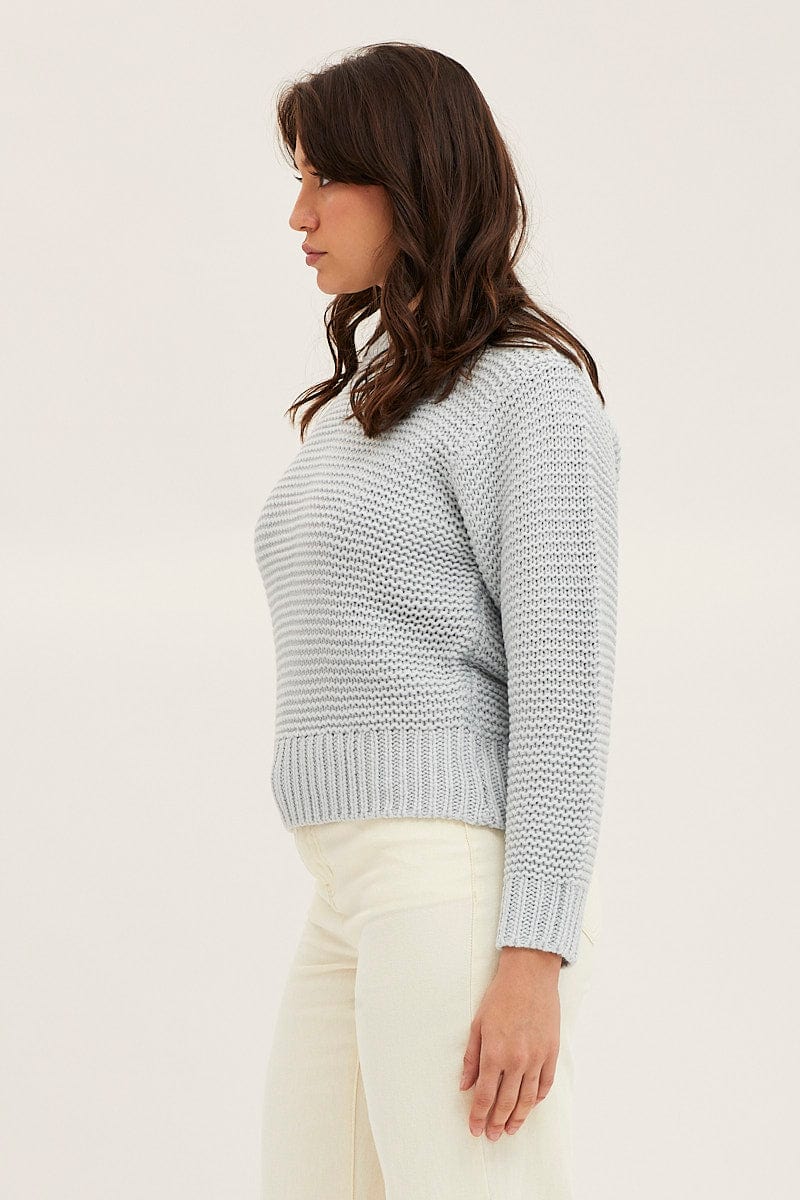 SEMI CROP KNITTED Blue Knit Top Long Sleeve Relaxed Round Neck for Women by Ally