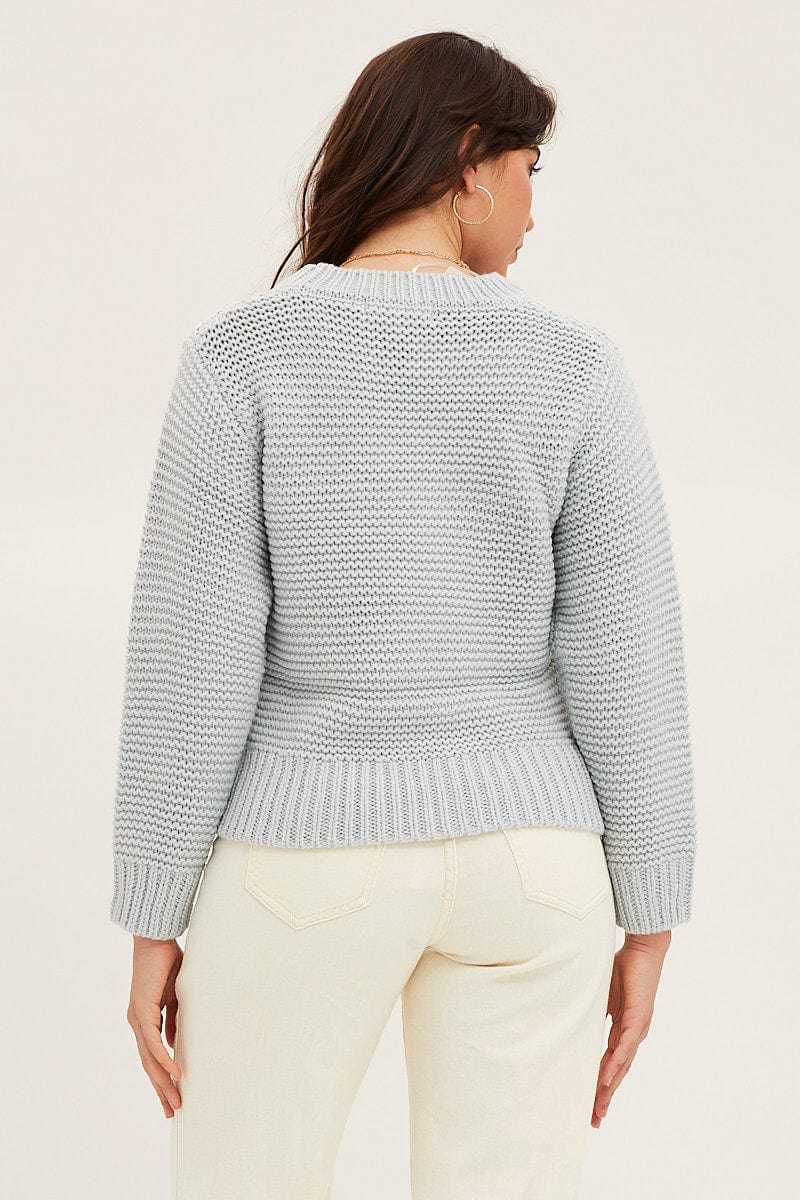 SEMI CROP KNITTED Blue Knit Top Long Sleeve Relaxed Round Neck for Women by Ally