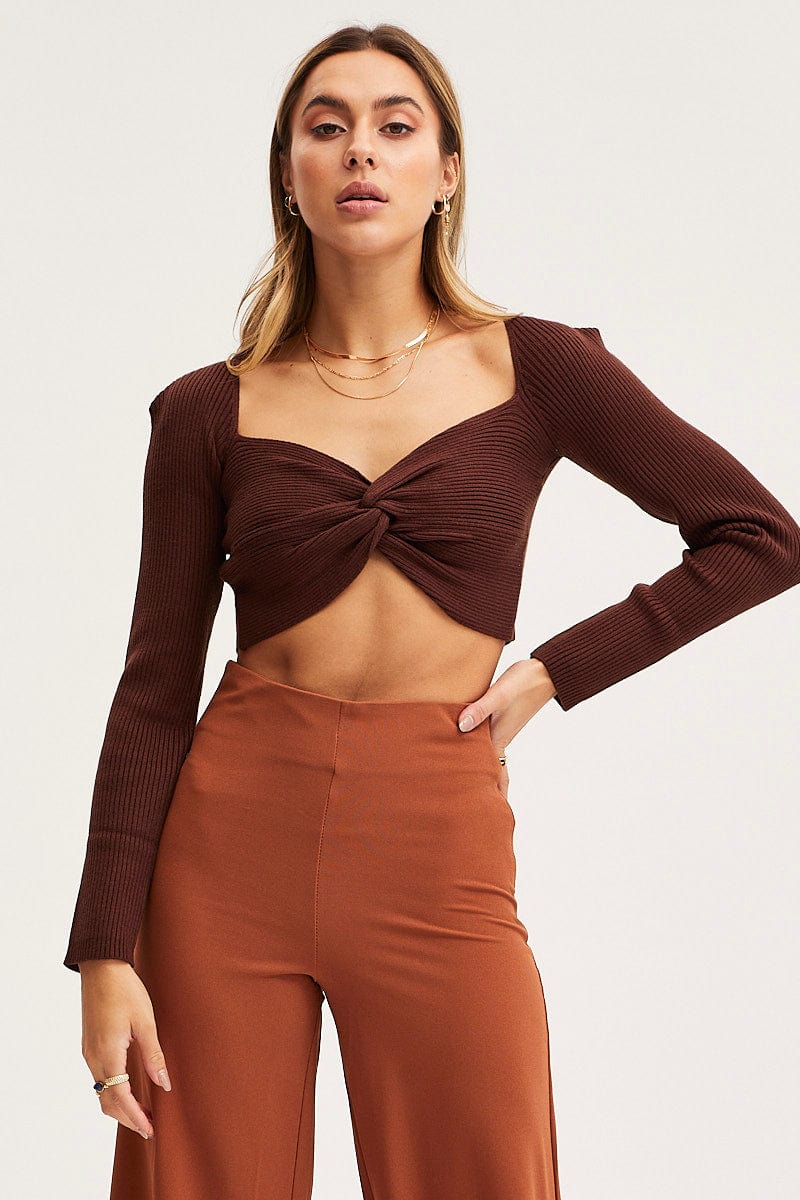SEMI CROP KNITTED Brown Knit Top Long Sleeve Crop Cross Over for Women by Ally