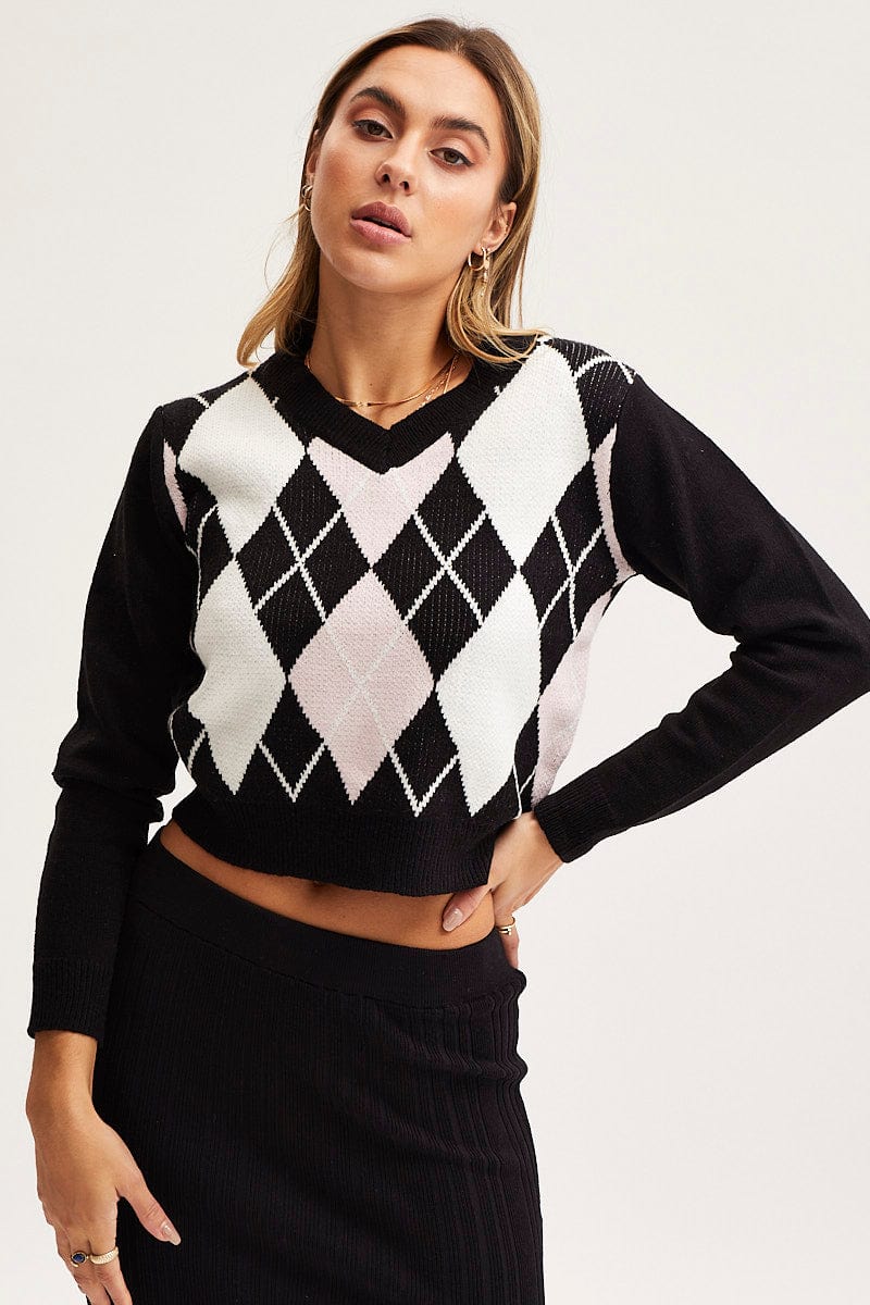 SEMI CROP KNITTED Check Knit Top Long Sleeve Argyle for Women by Ally